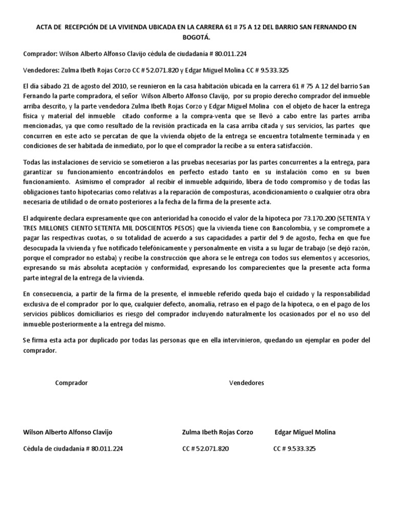 Acta de Recepción de Vivienda PDF Pagos
