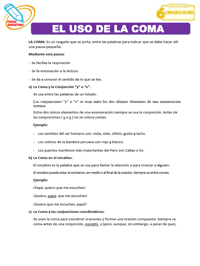Uso y reglas de la coma en español | PDF | Coma | Adverbio
