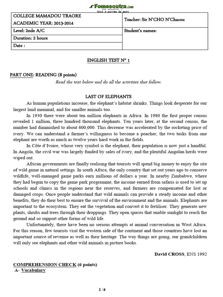 English Test for 2nde A/C Students | PDF | Elephant | Ivory