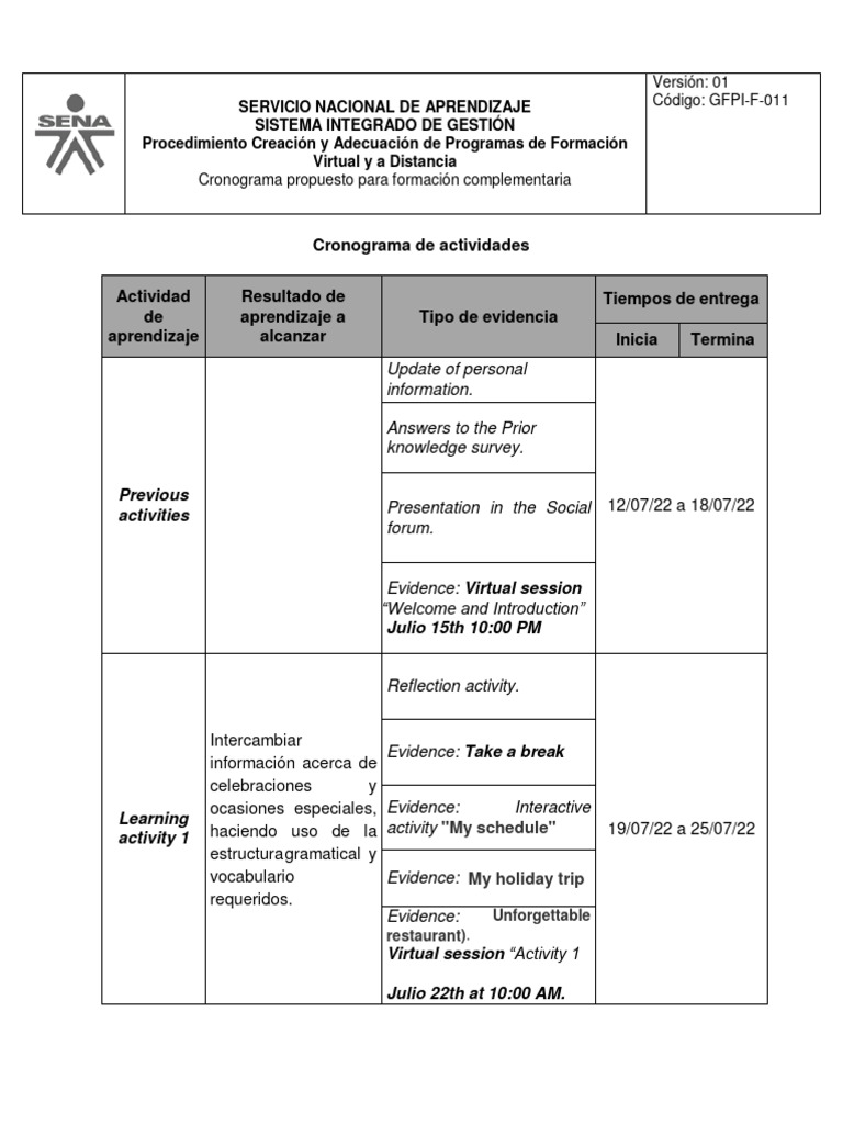 Schedule of activities pdf