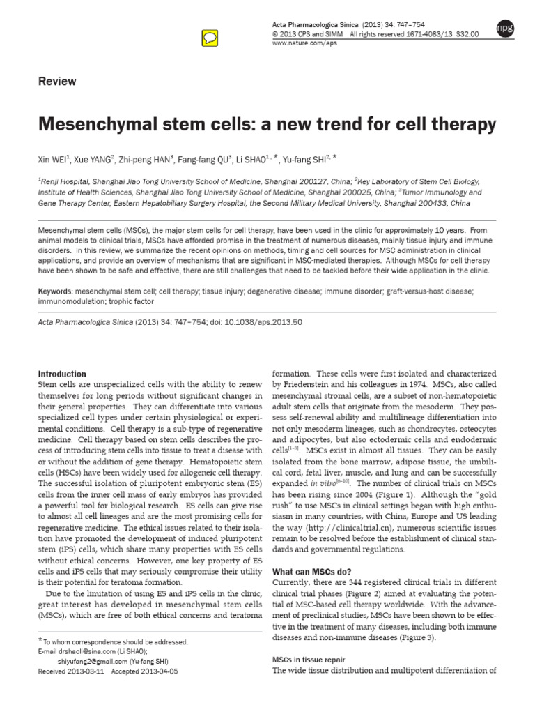 2013 Mesenchymal Stem Cells - A New Trend For Cell Therapy | PDF ...