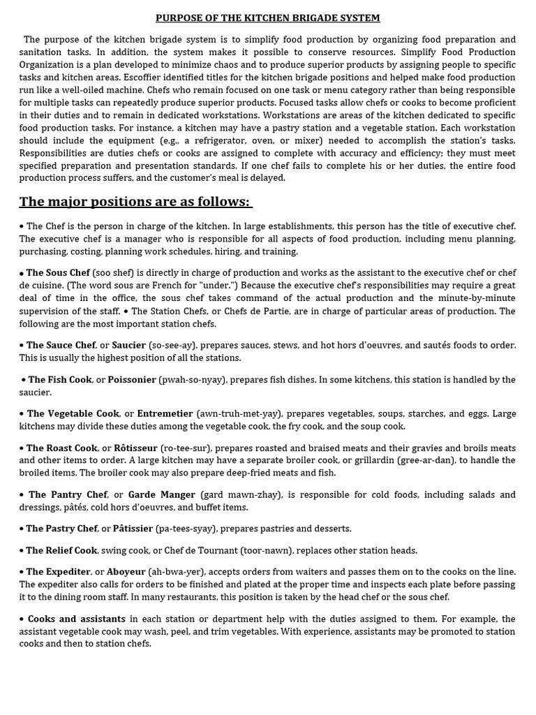 The Kitchen Brigade System | PDF | Chef | Cooking