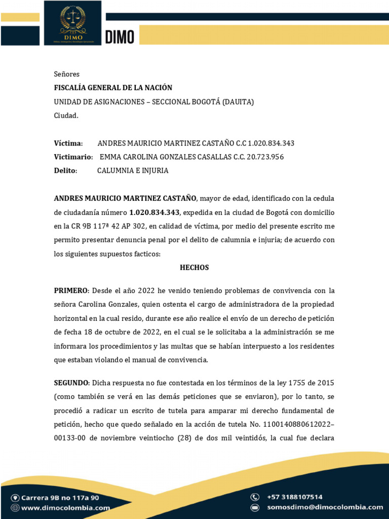 Denuncia Calumnia e Injuria Andres Martinez | PDF | Derecho ...