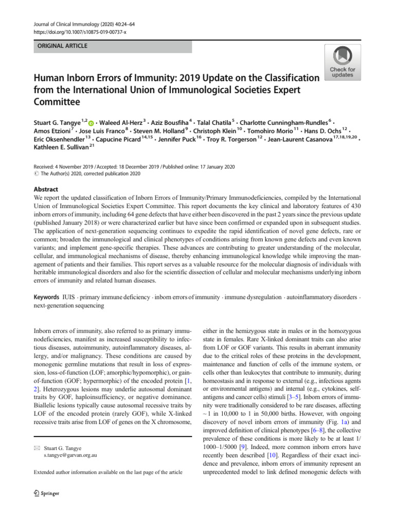 2020 Human Inborn Errors of Immunity 2019 Update On The Classification ...