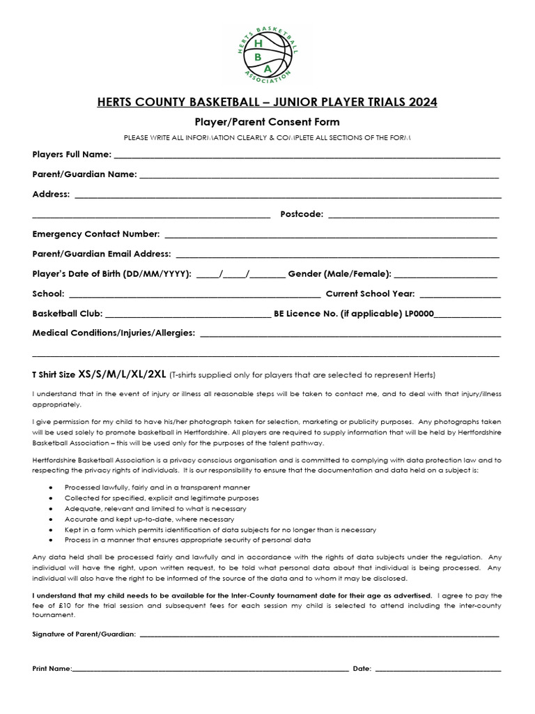 Herts County Basketball Trials Blank Consent Form 2024 | PDF | Justice ...