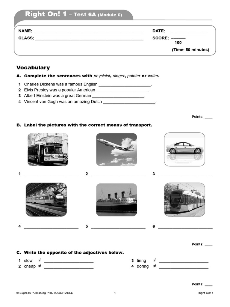Right On! 1 Test 6A Overview | PDF