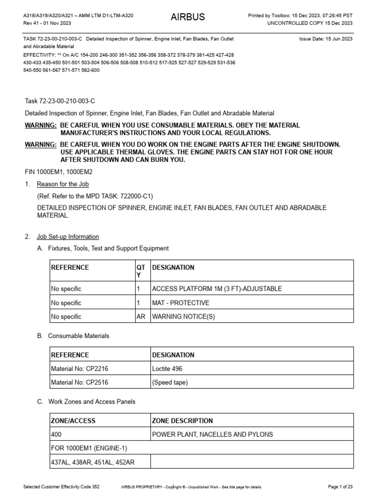 Detailed Inspection of Spinner, Engine Inlet, Fan Blades, Fan Outlet ...