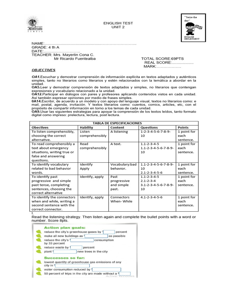 English Test Unit 2 4th A, B, C 2024 | PDF | Climate Change | Natural ...