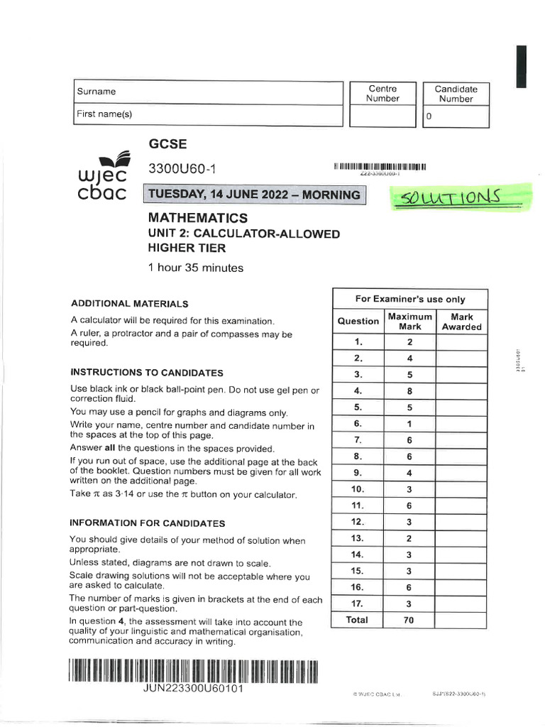 Maths Higher Paper 2 Solutions 2022 | PDF