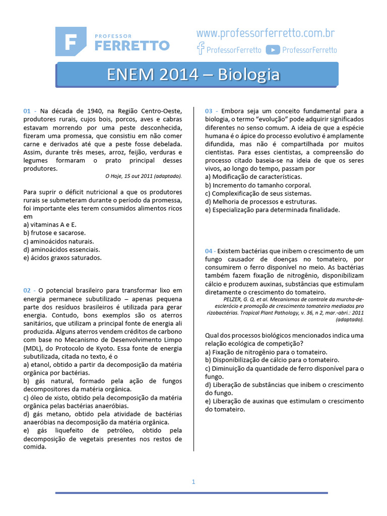 Questões de Biologia para ENEM 2014 | PDF | Enzima | Decomposição