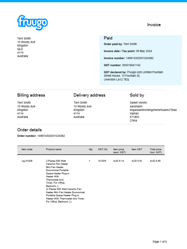 Fruugo Invoice for Terri Smith | PDF | Receipt