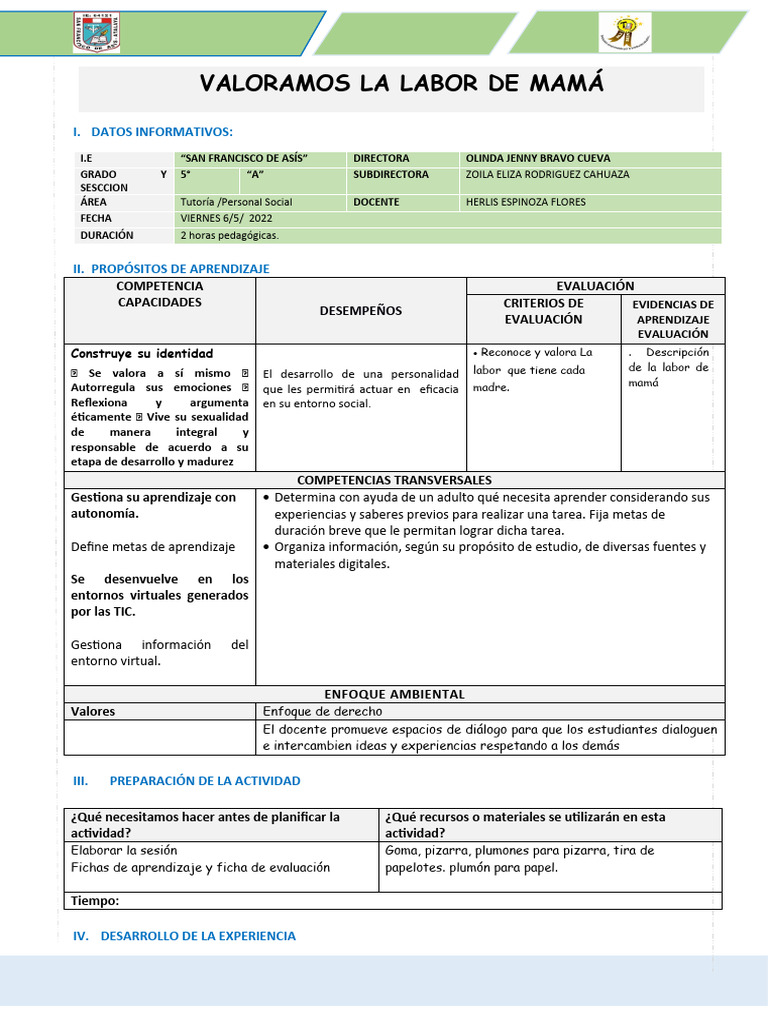 Actividad sobre la Labor de Mamá | PDF | Aprendizaje | Evaluación