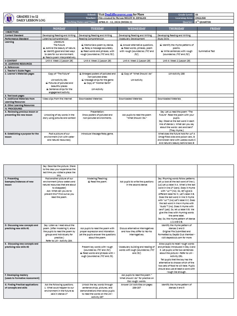Grade 3 English Daily Lesson Plan | PDF | Poetry | Reading Comprehension