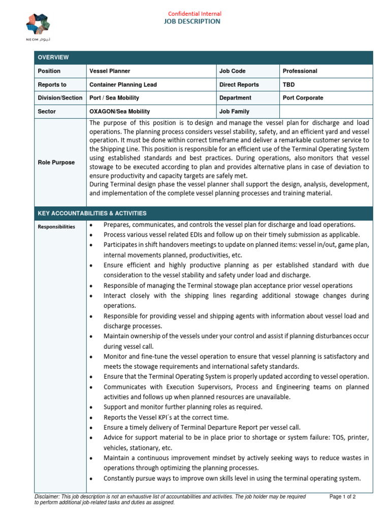 Job Description Vessel Planner3 PDF Operating System Business