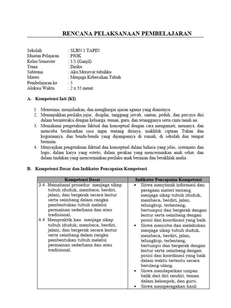 Rencana Pembelajaran PJOK Kelas 1 | PDF | Karier & Perkembangan | Sains ...