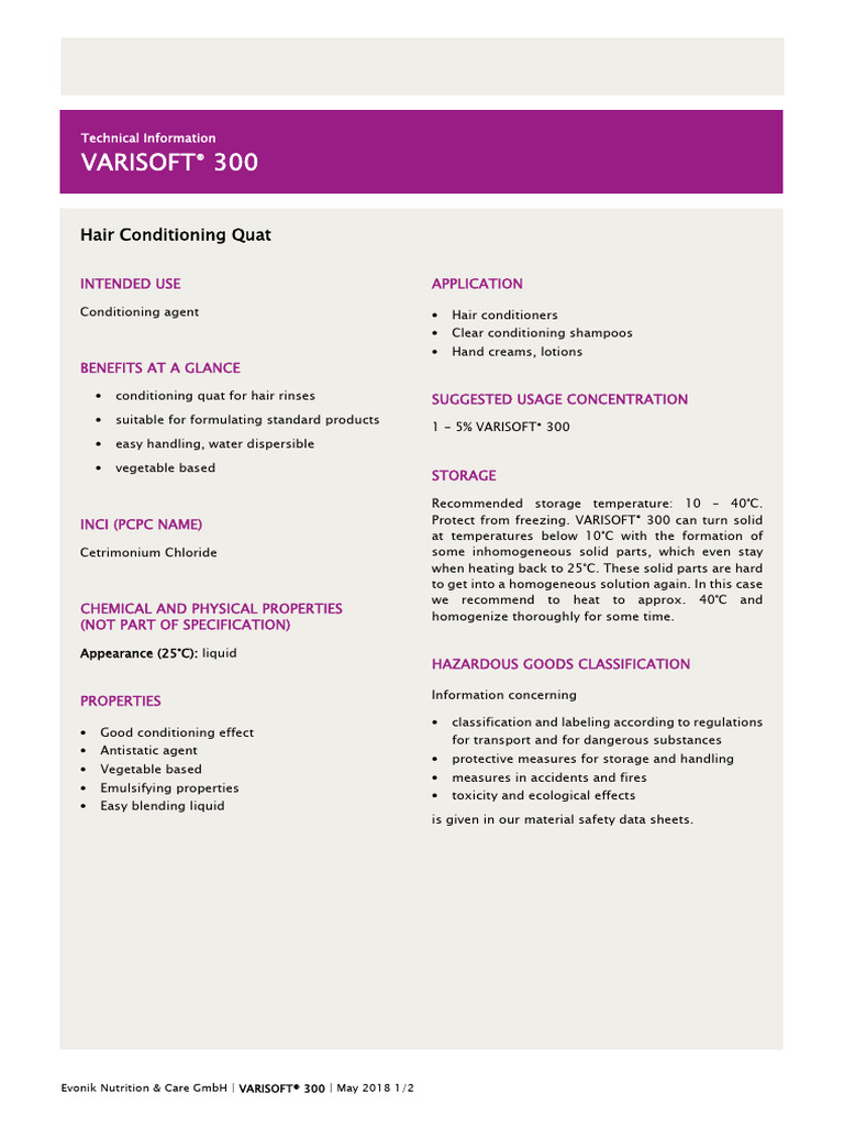 Evonik Varisoft 300 - TDS | PDF | Chemistry