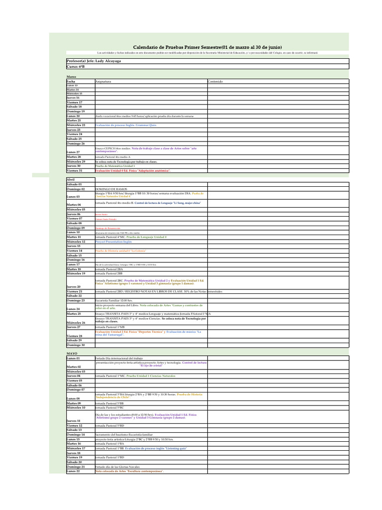 Calendario de Pruebas 1er Sem. 2023 | PDF