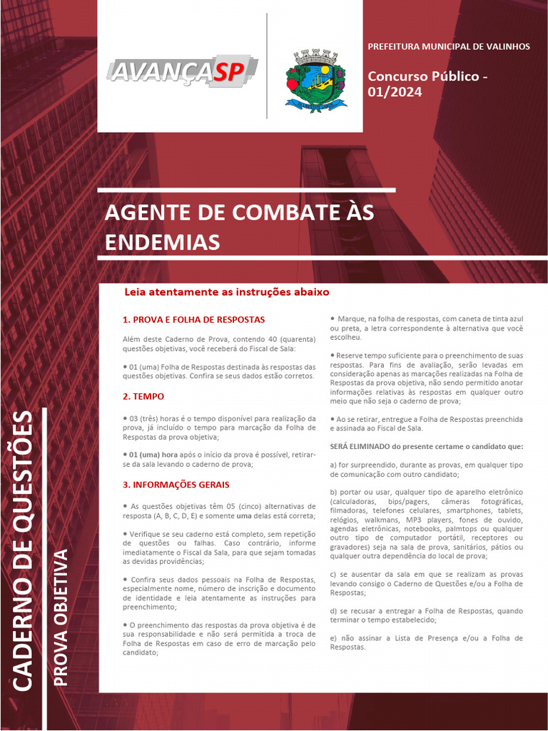 Prova Agente de Combate às Endemias 2024 | PDF | Cérebro | Língua materna