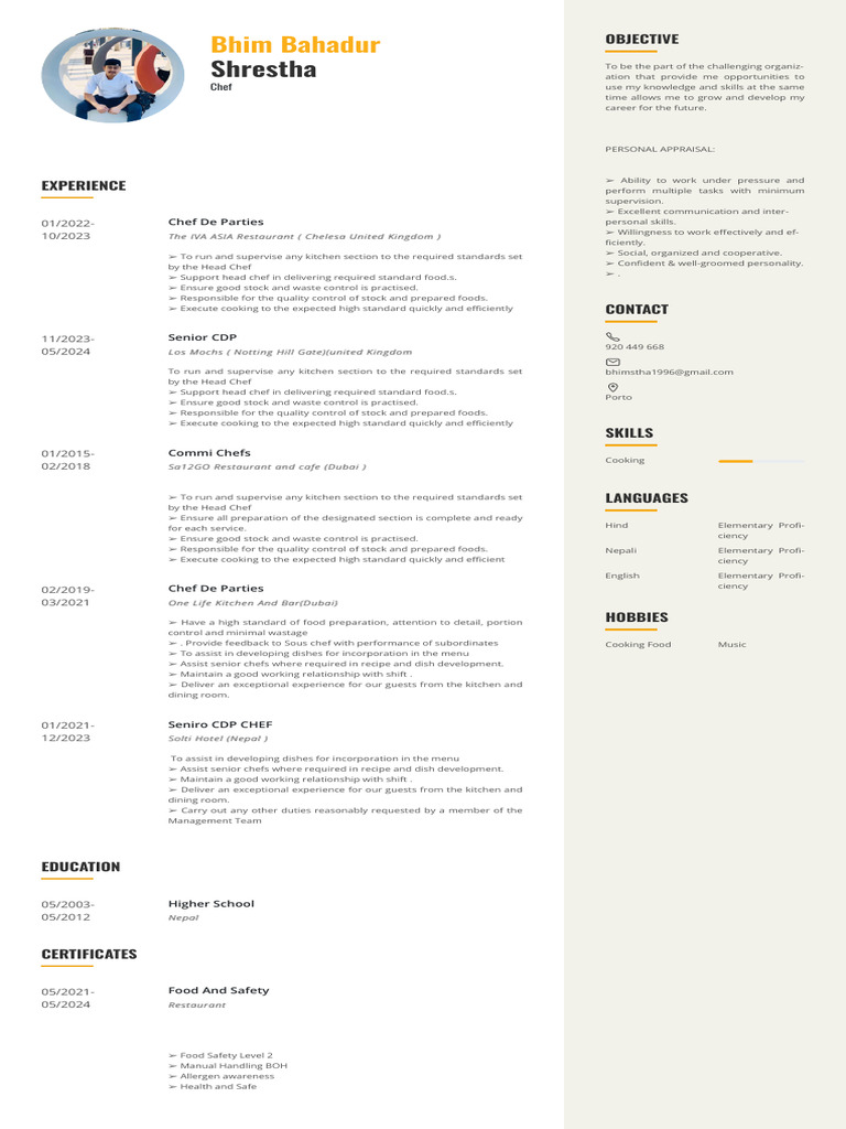 Experienced Chef with Culinary Skills | PDF | Chef | Restaurants