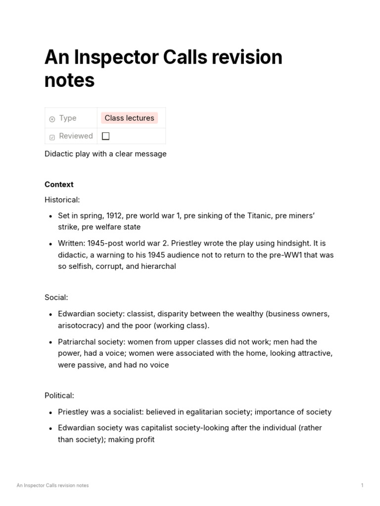 An Inspector Calls Revision Notes | PDF