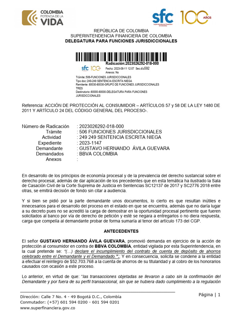 Exp 2023-1147 Sentencia 11-08-2023 | PDF | Ley procesal | Colombia