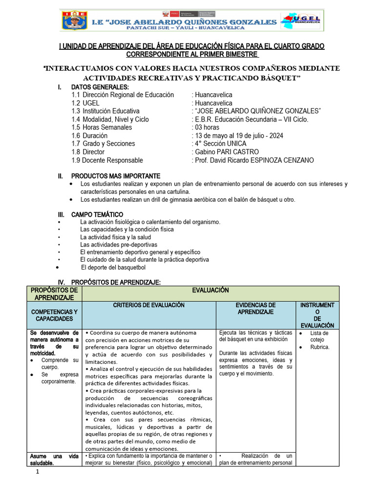 II UNIDAD DE APRENDIZAJE DEL ÁREA DE EDUCACIÓN FÍSICA PARA EL 4 GRADO ...