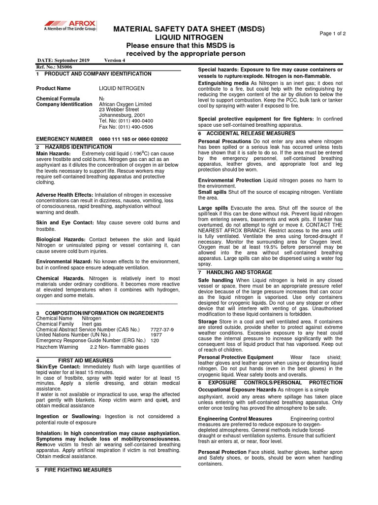 Liquid Nitrogen MSDS Safety Guidelines | PDF | Nitrogen | Oxygen