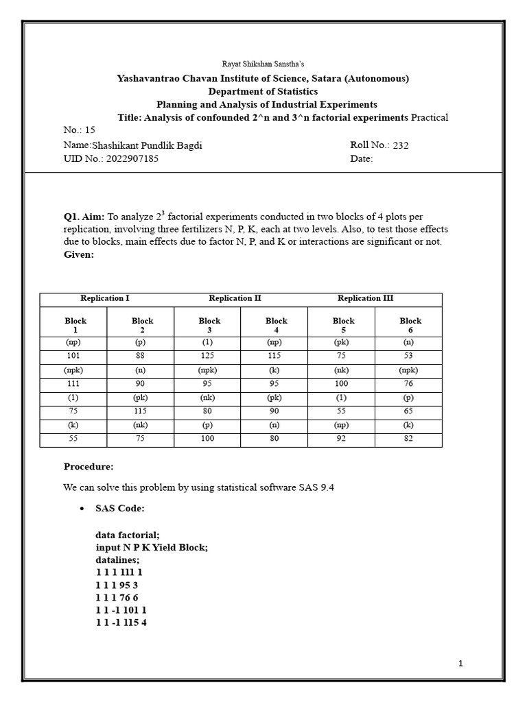 Analysis of Factorial Experiments | PDF | Sas (Software) | Applied ...