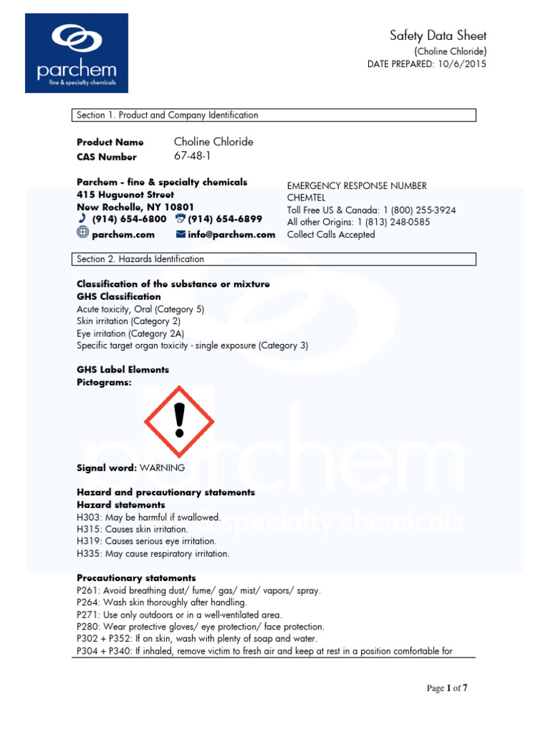 MSDS Choline Chloride PDF Toxicity Dangerous Goods