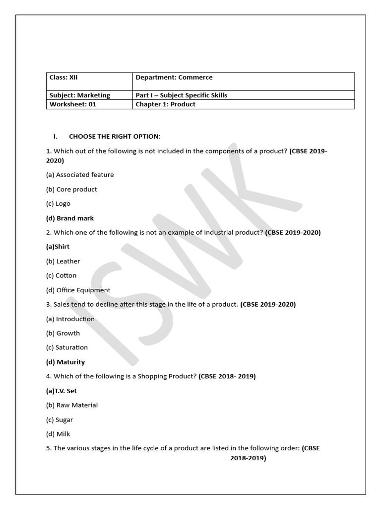 Marketing Product Concepts Worksheet | PDF | Brand | Product (Business)