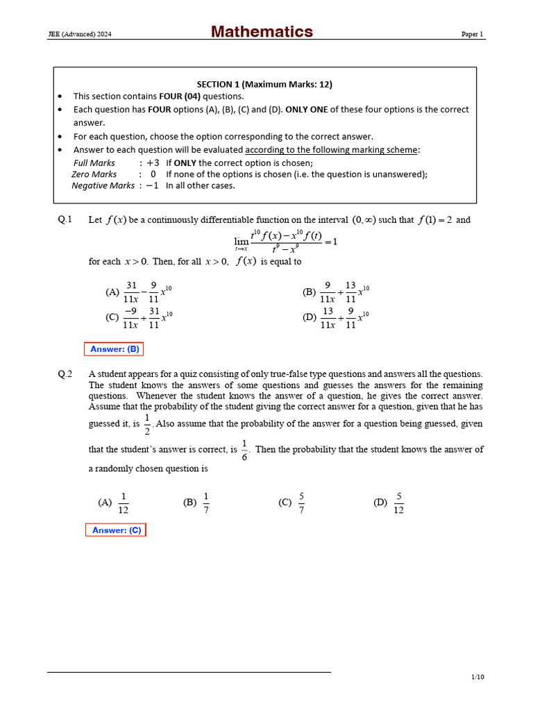 JEE Advanced 2024 Paper 1 Solutions | PDF | Physical Quantities | Physics