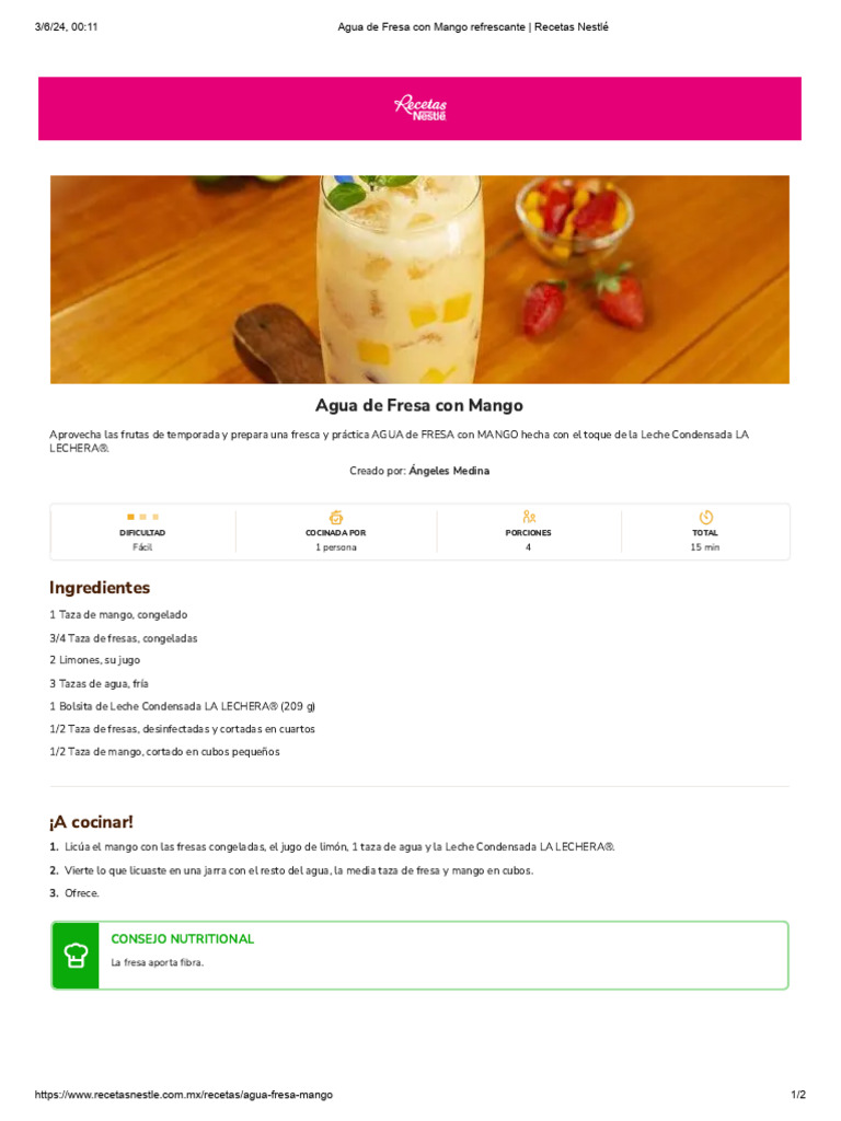 Agua de Fresa Con Mango Refrescante - Recetas Nestlé | PDF