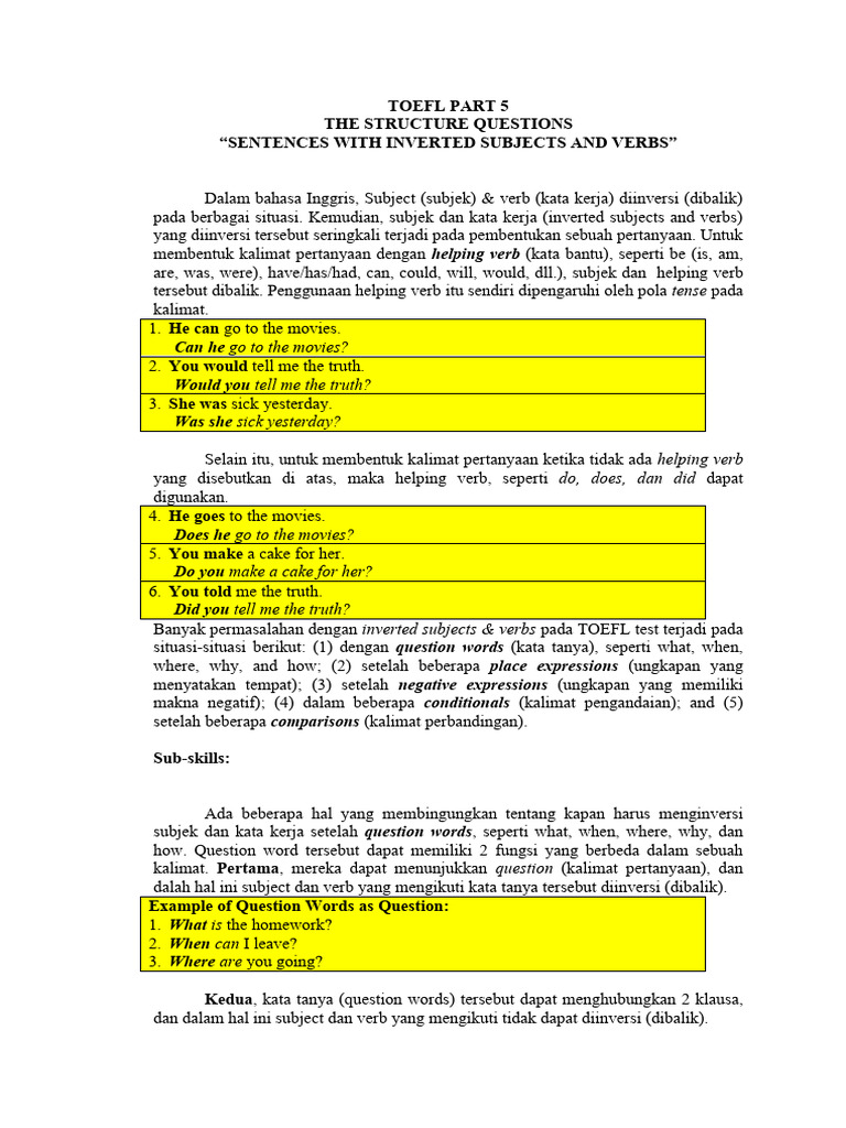 Inversi Subjek dan Kata Kerja dalam TOEFL | PDF | Seni & Disiplin ...