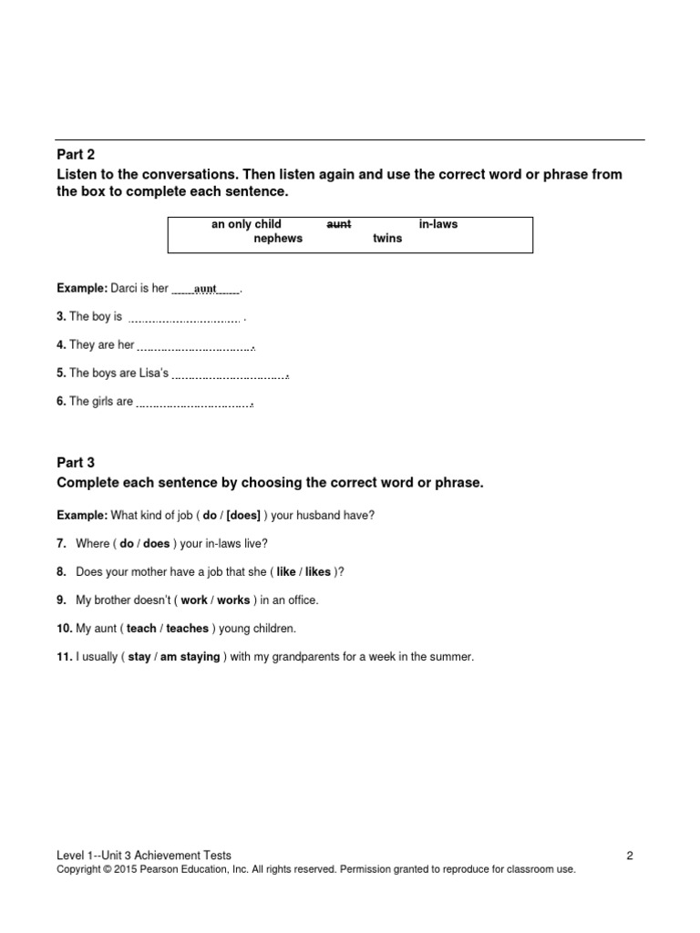Top Notch 1 Unit 3 Assessment PDF All Rights Reserved Copyright