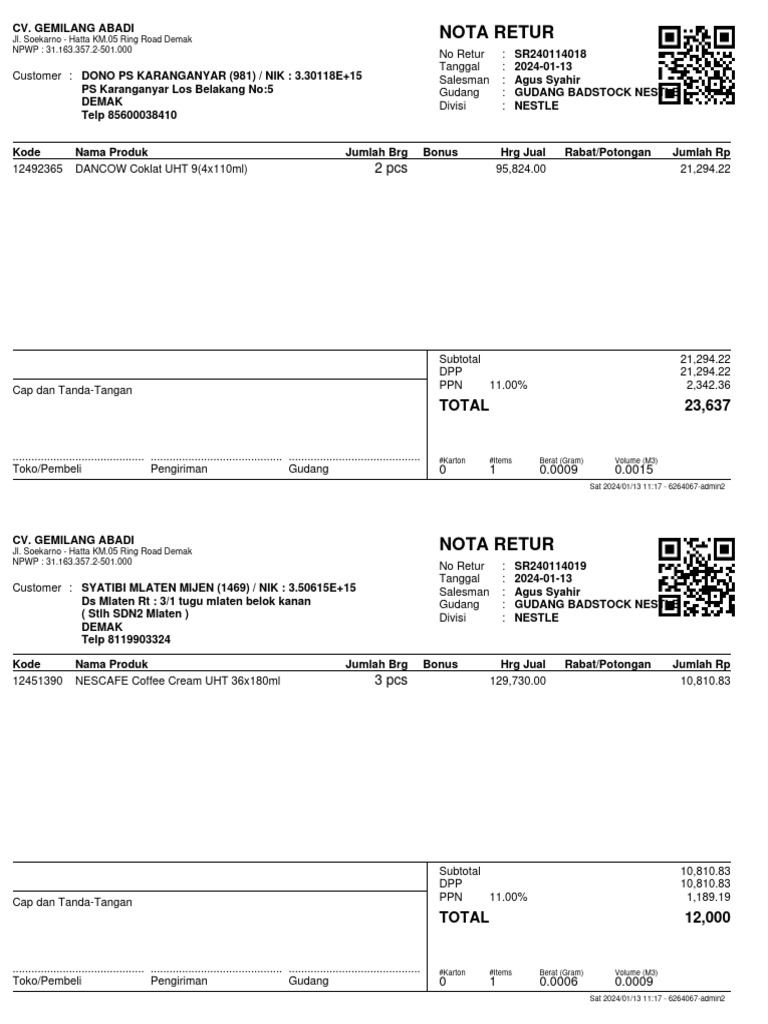 Nota Retur Penjualan CV. Gemilang Abadi | PDF
