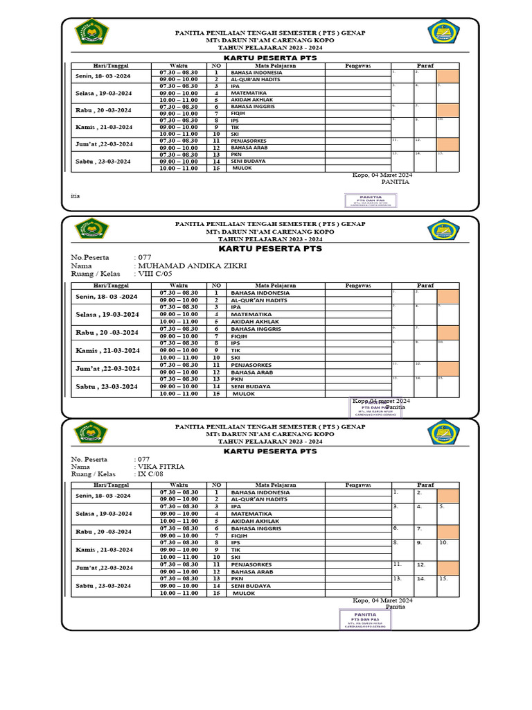 Kartu Peserta Mts PTS | PDF