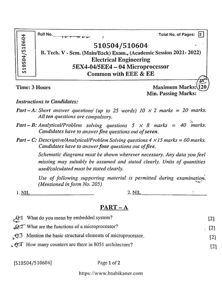Btech Eee Ee 5 Sem Microprocessor 510504 2022 | PDF