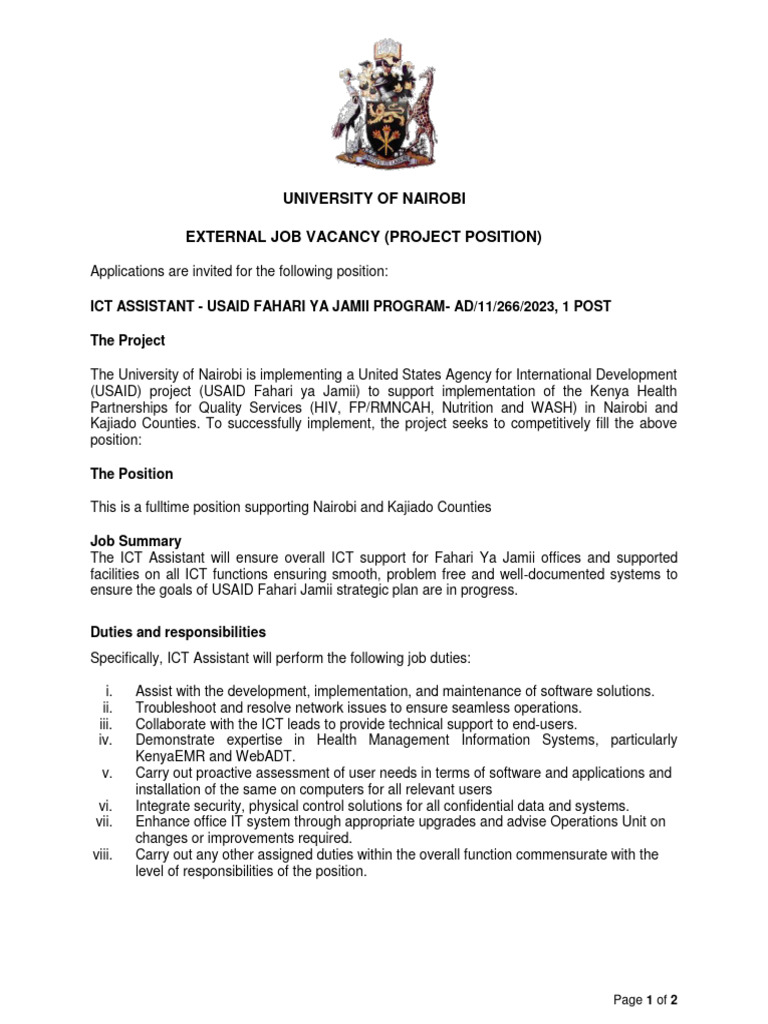 ICT Assistant Vacancy at UoN | PDF | Application Software | United ...