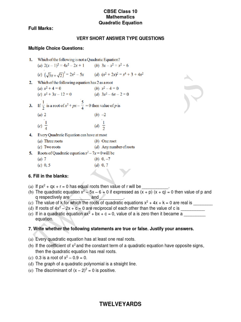 Cbse Class 10 Quadratic Equation Pdf Quadratic Equation Equations