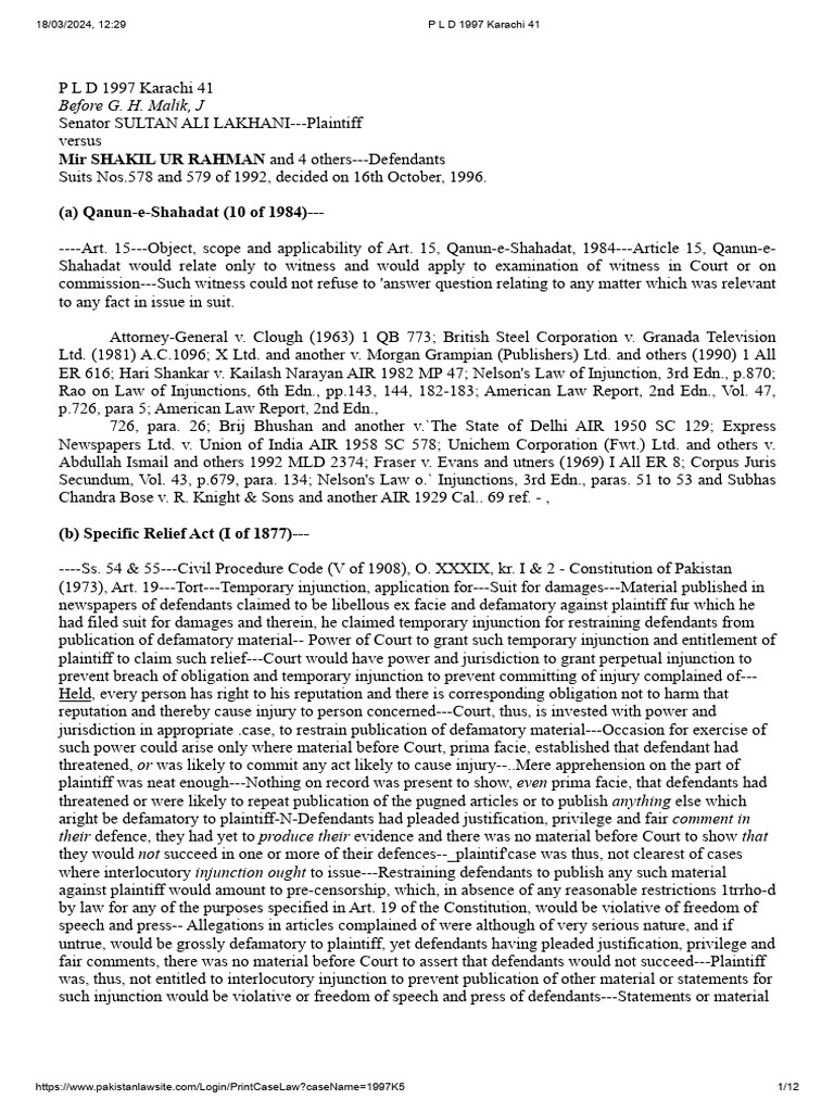 P L D 1997 Karachi 41 | PDF | Defamation | Injunction