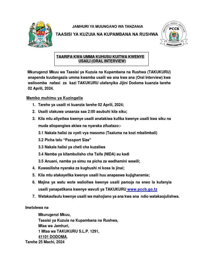 Tangazo La Usaili 2024 Oral Pdf