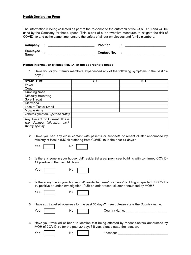 COVID-19 Health Declaration Form | PDF | Public Health | Biological ...