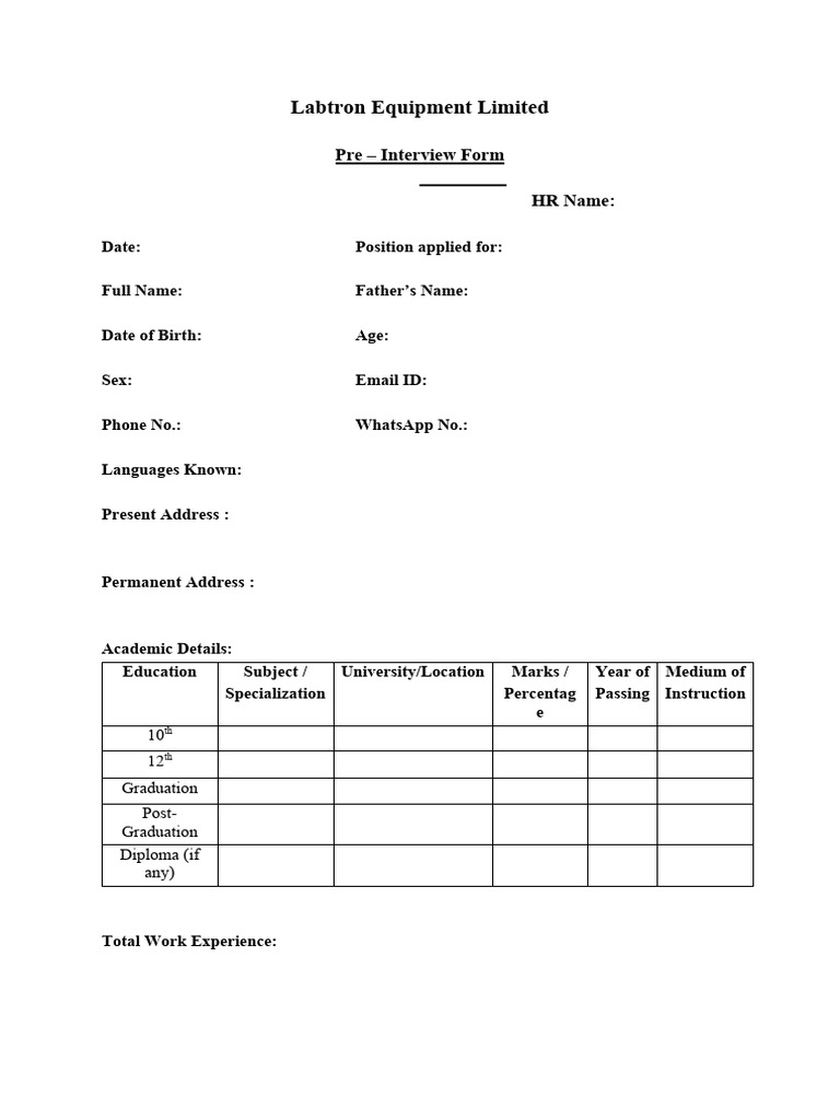 Labtron Equipment Pre Interview Form Pdf Wellness