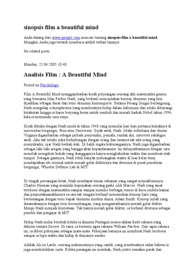 Sinopsis Film a Beautiful Mind