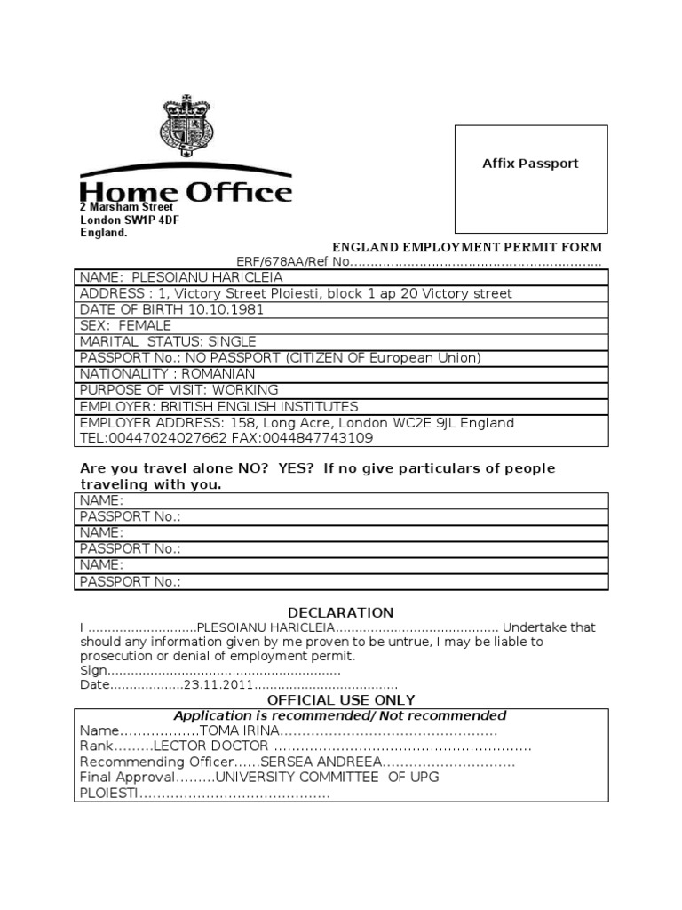 England Employment Permit Application | PDF | Government And Personhood ...
