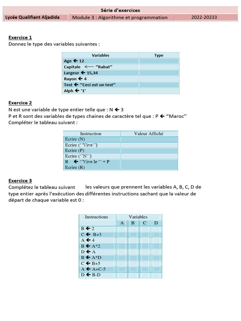 Algorithmes et Types de Variables | PDF | Informatique théorique ...