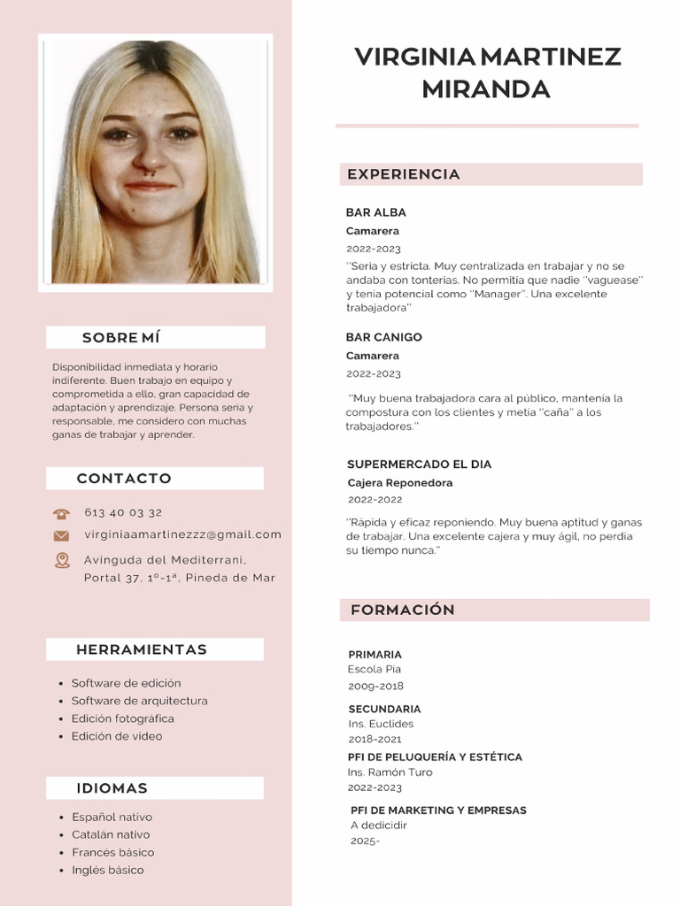 Currículum Vitae CV Diseñadora y Arquitecta Minimalista Rosa | PDF