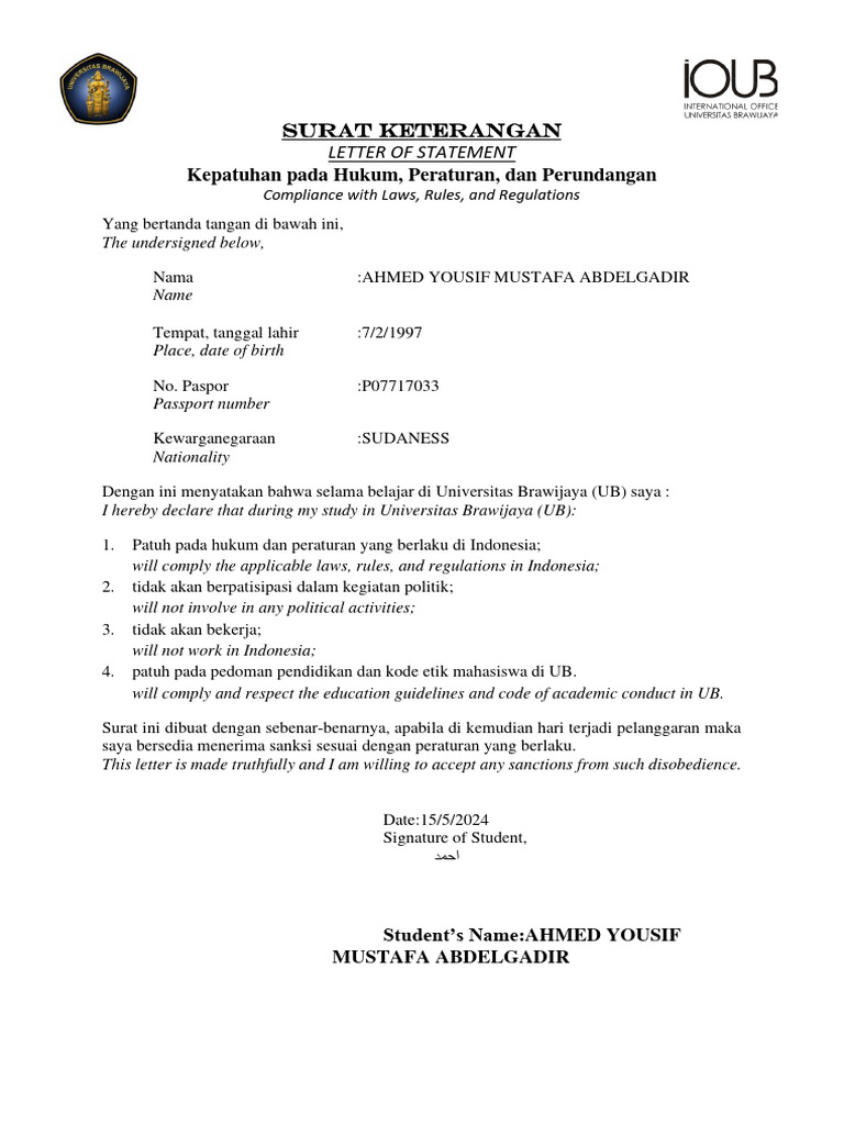 Letter of statement compliance to laws, rules, and regulations.dotx | PDF