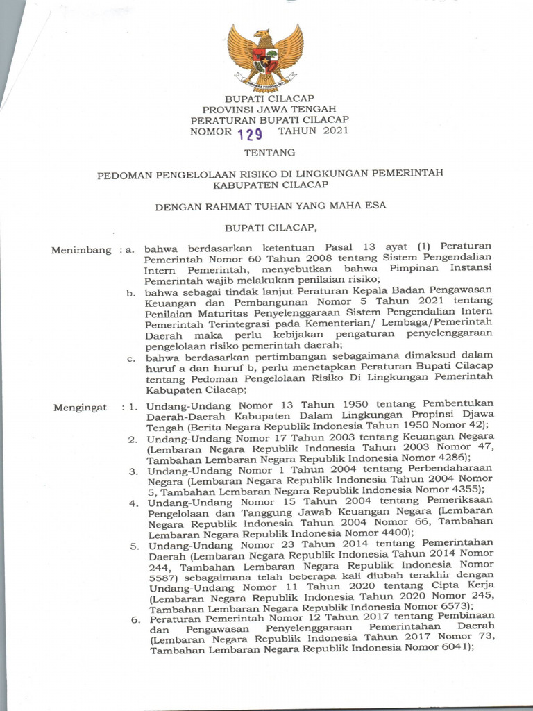 Perbup 129 tahun 2021 tentang pedoman pengelolaan risiko di lingk