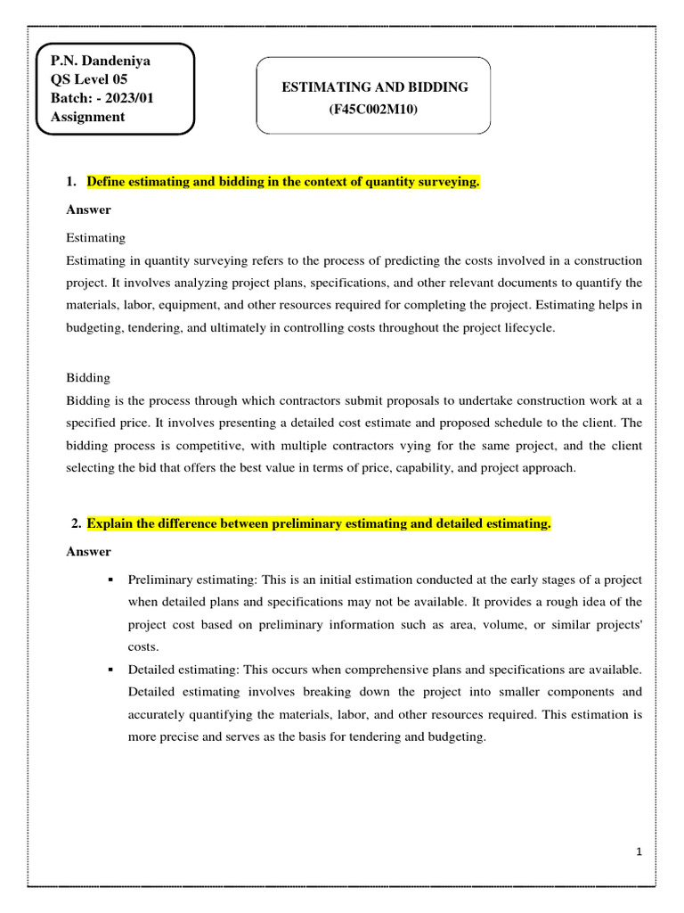 Estimating And Bidding Pdf Employment Business